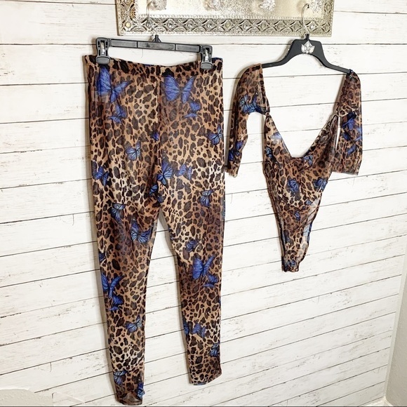 NWOT Fashion Nova Blooming Into Beauty 2 Piece Sheer Mesh Bodysuit Pants Set - Picture 3 of 9